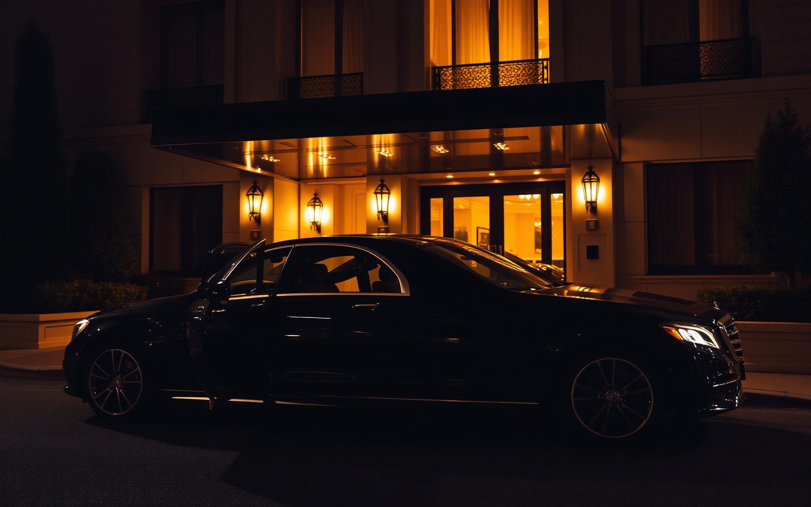 Chauffeur VTC premium ouvrant la portière devant un hôtel de luxe la nuit